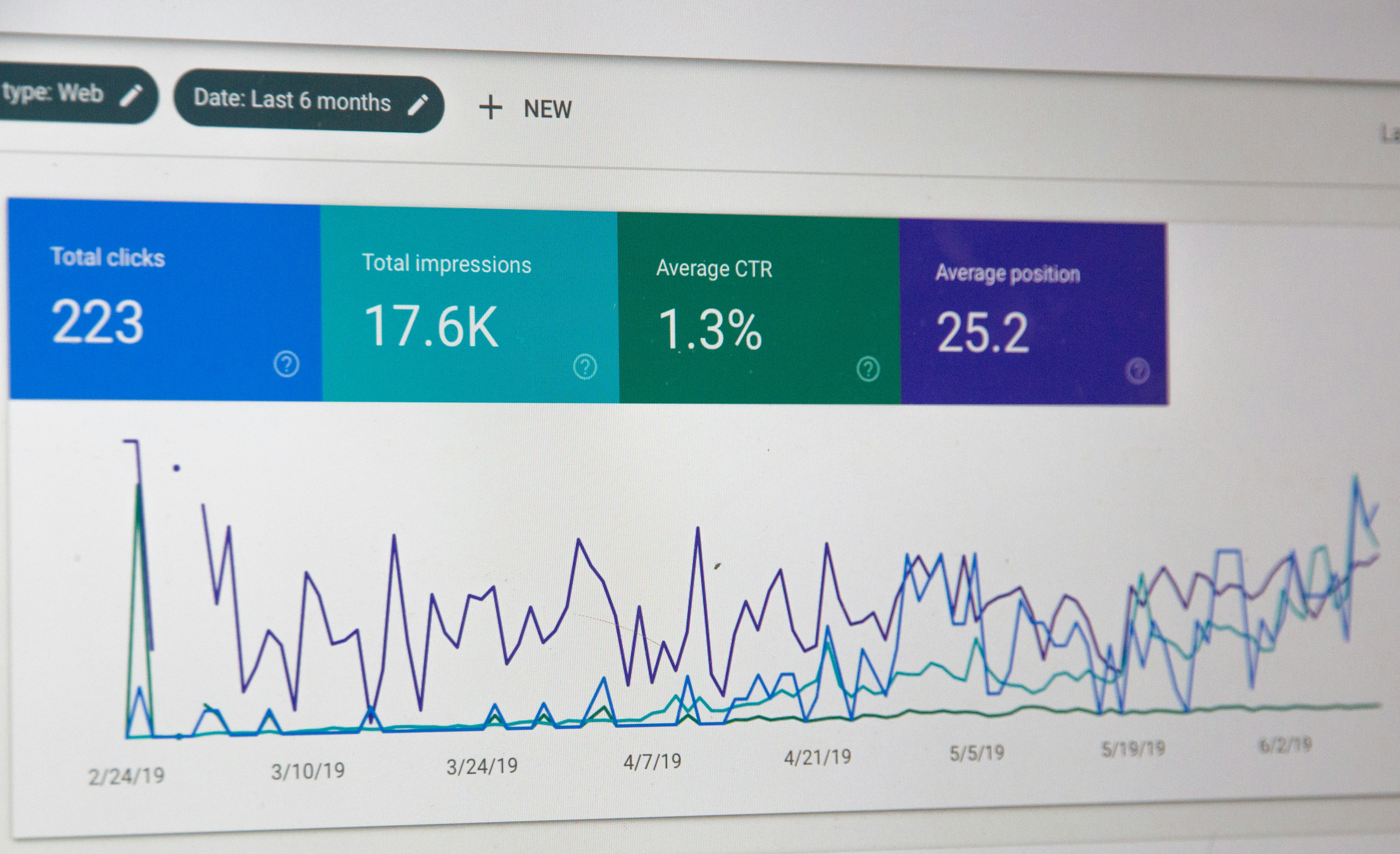 Concetto di successo sul web con sito, grafici di traffico e strumenti SEO